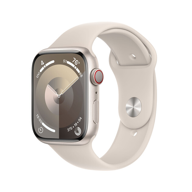 Apple Watch Series 9 GPS + Cellular, Aluminium polarstern, 45mm mit Sportarmband, polarstern - S/M