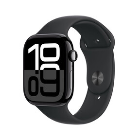 Apple Watch Series 10 GPS + Cellular, Aluminium diamantschwarz, 46mm mit Sportarmband, schwarz - S/M