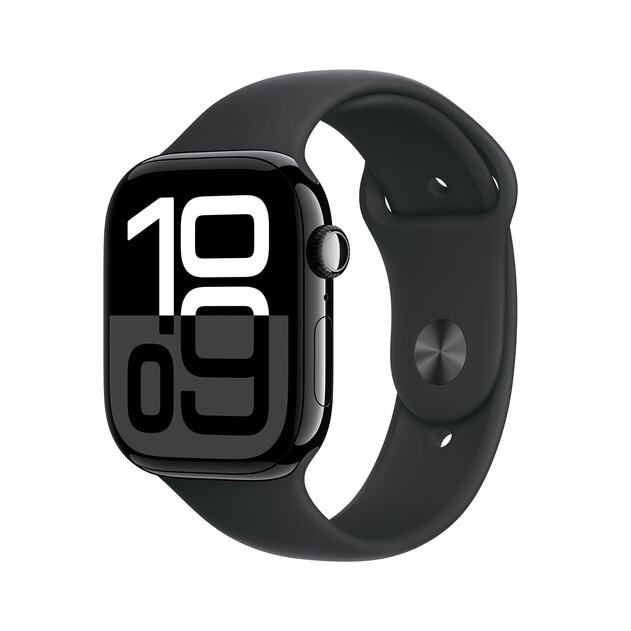 Apple Watch Series 10 GPS + Cellular, Aluminium diamantschwarz, 46mm mit Sportarmband, schwarz - S/M