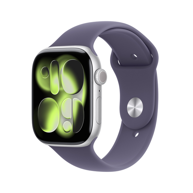 Sie sehen das Produktbild 01 von Apple Watch Series 11 GPS, 46 mm Aluminiumgehäuse Silber, Sportarmband Nebelviolett - M/L Apple Watch Series 11 GPS, 46 mm Aluminiumgehäuse Silber, Sportarmband Nebelviolett - M/L